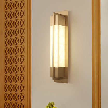 Chinese Copper Faux Marble Rectangular LED Wall Sconce Lamp
