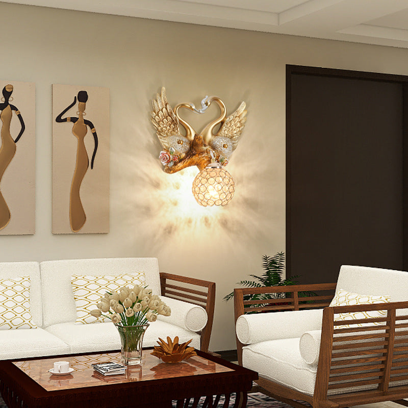 Deco Iron Crystal Couple Swan Ball 1-Light Wall Sconce Lamp