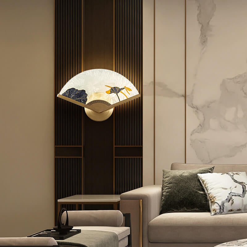 Chinese Glass Folding Fan Shaped Brass LED Wall Sconce Lamp