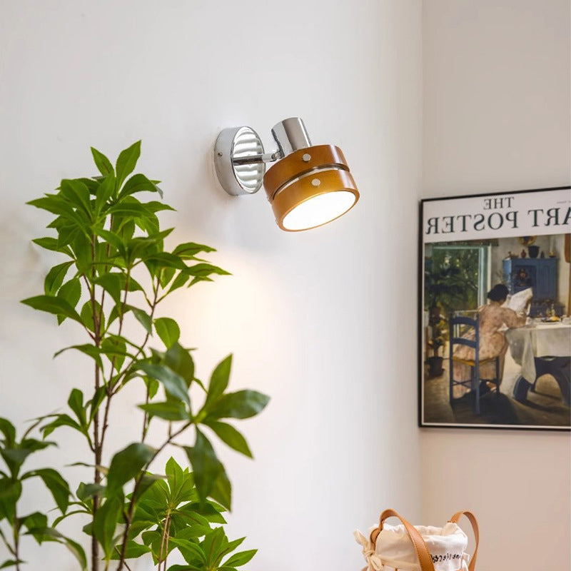 Cylinder Disc Base Iron Wood 1-Light Wall Sconce Lamp