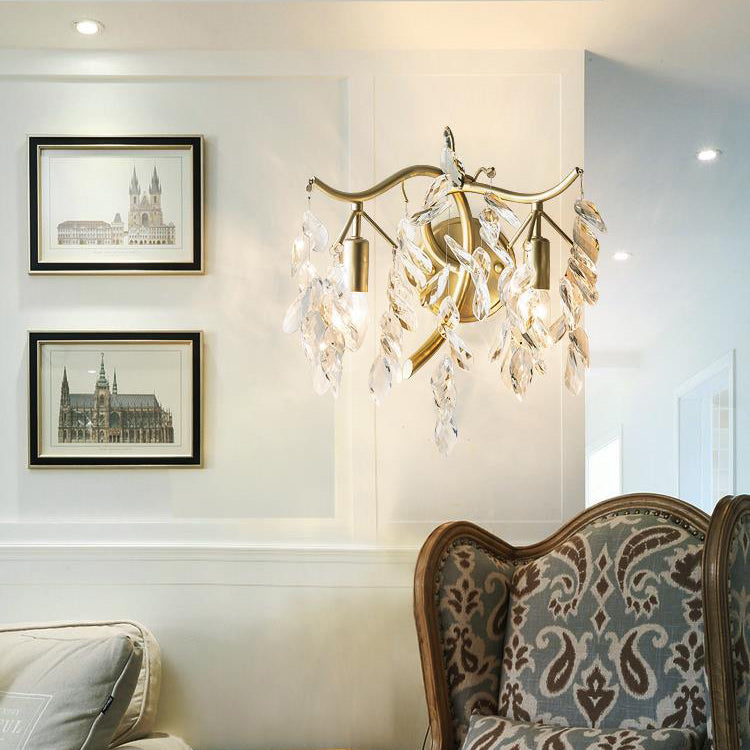 French Leaf Iron Copper Crystal 2-Light Wall Sconce Lamp