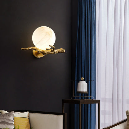 Chinese Twig Orb Brass Marble LED Wall Sconce Lamp