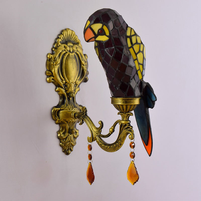 Tiffany Glass Parrot Crystal 1-Light Wall Sconce Lamp