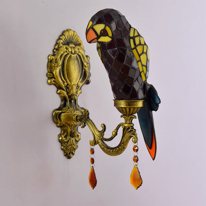 Tiffany Glass Parrot Crystal 1-Light Wall Sconce Lamp