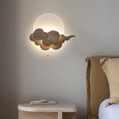 Chinese Round Cloudy Wood Acrylic LED Wall Sconce Lamp