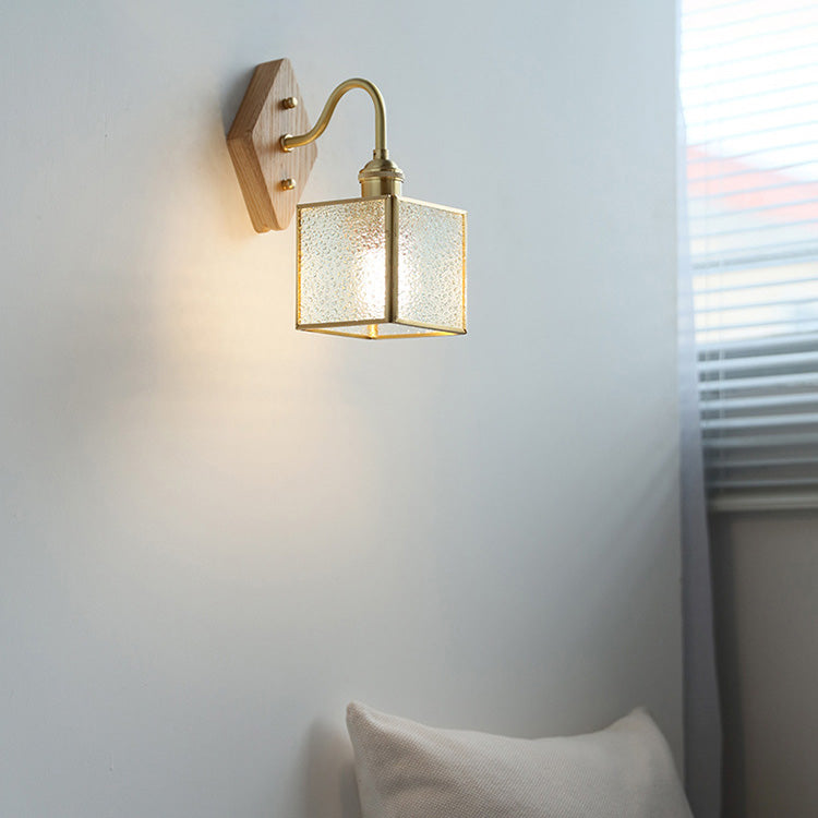 Square Copper Glass Wood 1-Light Wall Sconce Lamp
