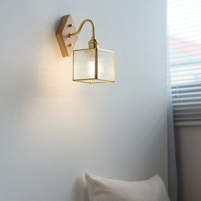 Square Copper Glass Wood 1-Light Wall Sconce Lamp