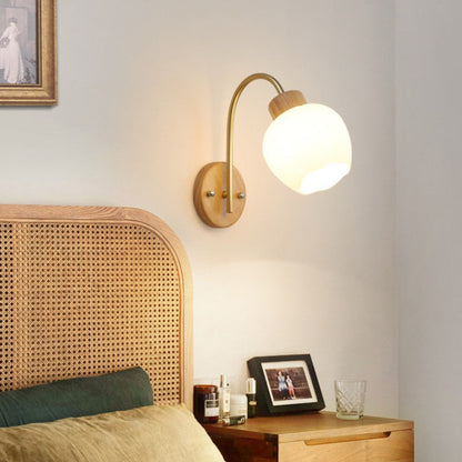 Bell Pleated Glass Shade Wood 1-Light Wall Sconce Lamp