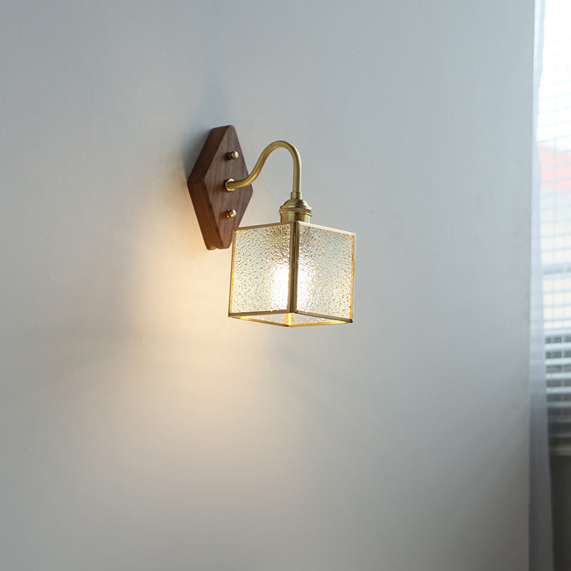 Square Copper Glass Wood 1-Light Wall Sconce Lamp