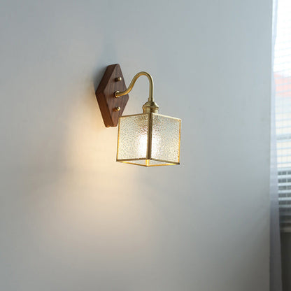 Square Copper Glass Wood 1-Light Wall Sconce Lamp