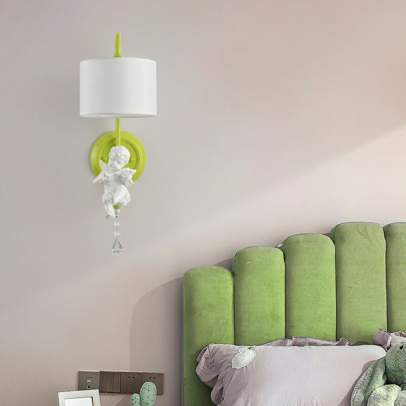 Angel Resin Round Fabric 1-Light Wall Sconce Lamp
