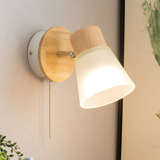 Nordic Glass Cone Wood Zipper 1-Light Wall Sconce Lamp