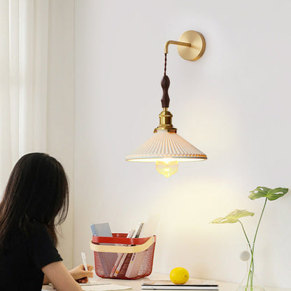 Japanese Ceramic Conic Pleated 1-Light Wall Sconce Lamp
