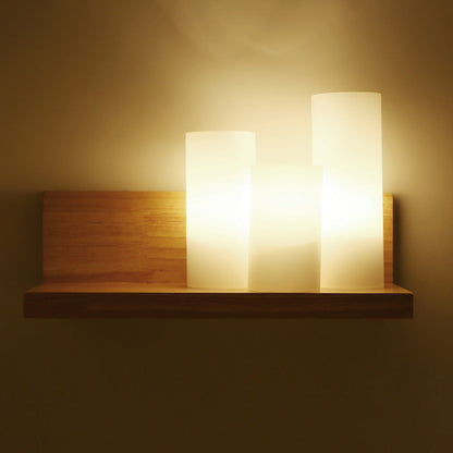 Japanese Cylindrical Wooden Glass 1-Light Wall Sconce Lamp