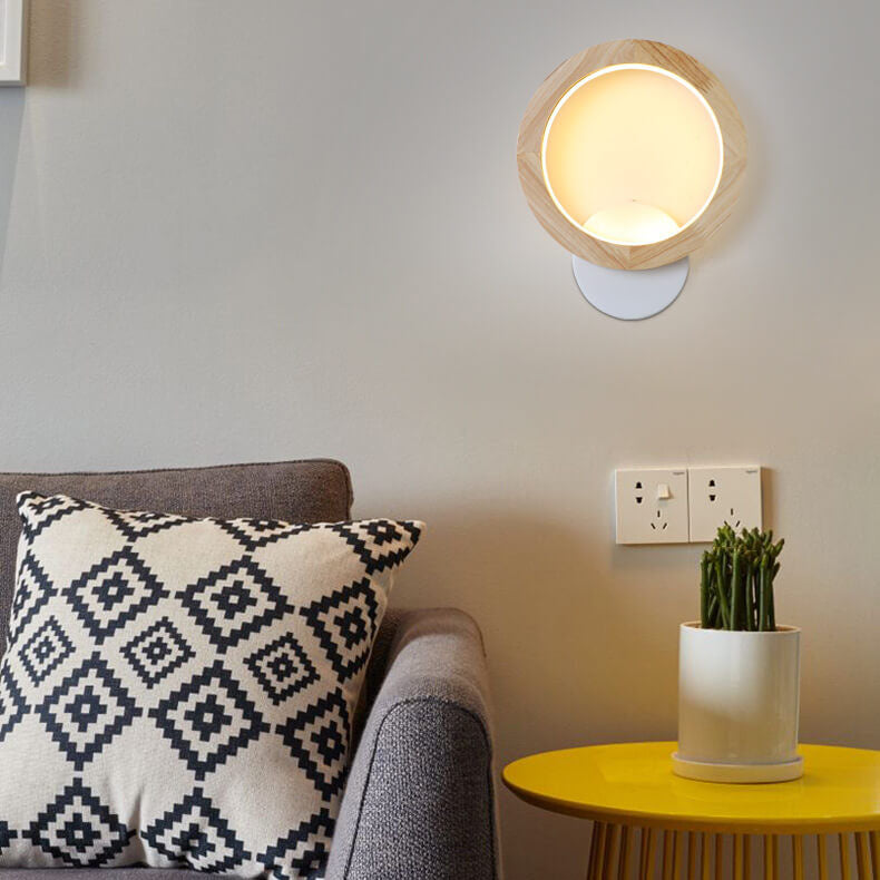 Japanese Round Rubber Wood Hardware LED Wall Sconce Lamp