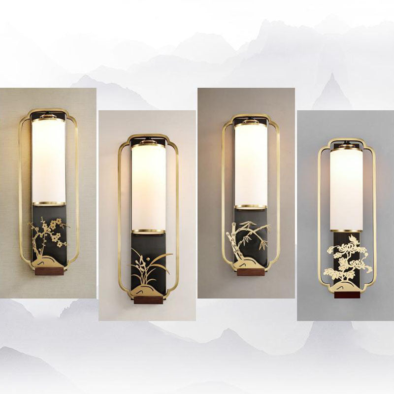 Chinese Glass Cylinder Shade 1-Light Wall Sconce Lamp