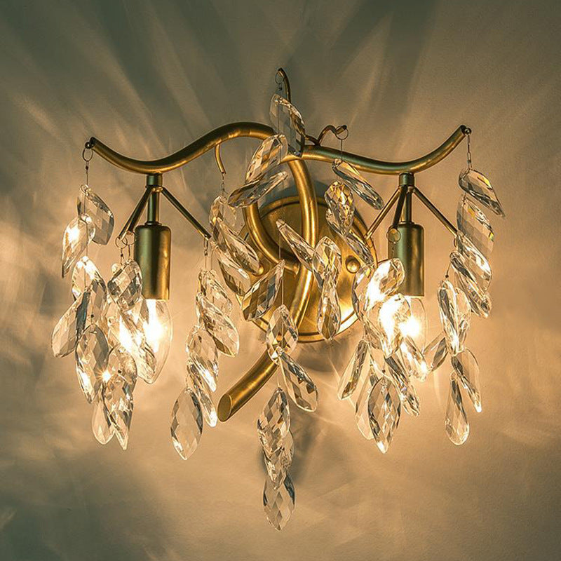 French Leaf Iron Copper Crystal 2-Light Wall Sconce Lamp