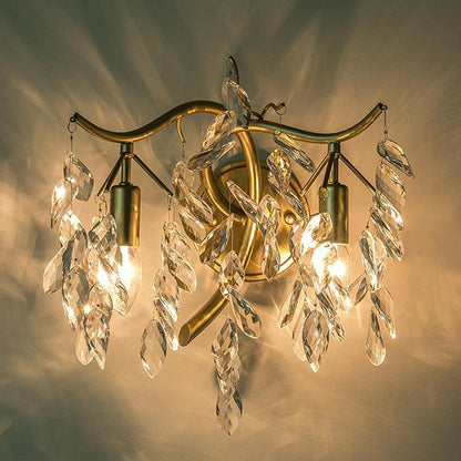 French Leaf Iron Copper Crystal 2-Light Wall Sconce Lamp