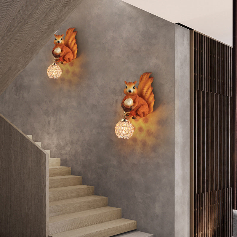 Kids Squirrel Ball Crystal Resin 1-Light Wall Sconce Lamp