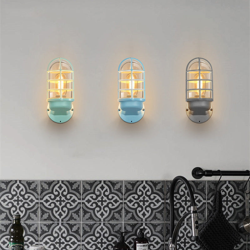 Macaron Cylinder Grid Iron Glass 1-Light Wall Sconce Lamp