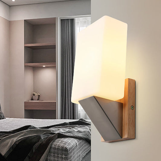 Minimalist Rectangle Wood Glass 1-Light Wall Sconce Lamp