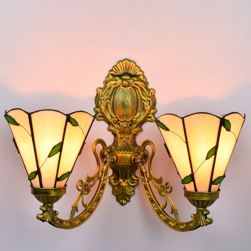 Tiffany Resin Glass Conic Foliage 2-Light Wall Sconce Lamp