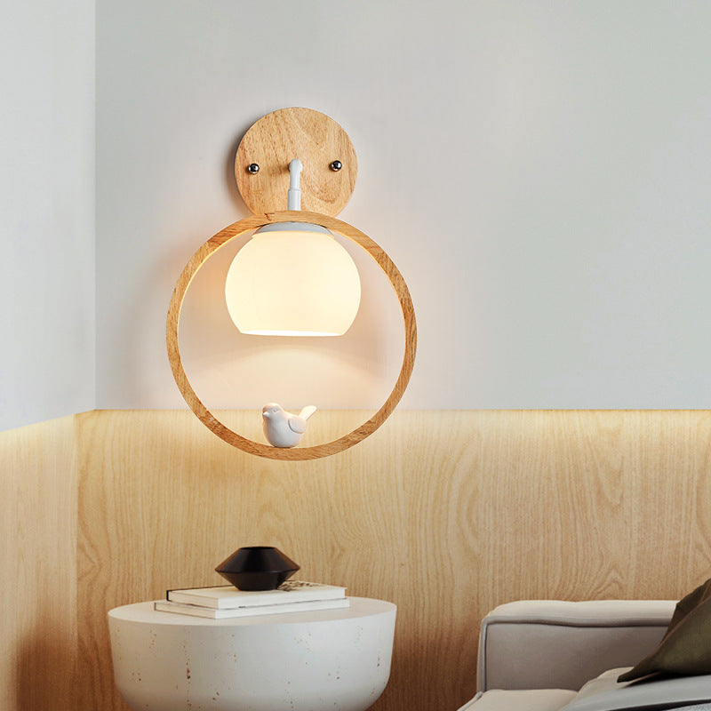 Scandinavian Round Bird Wood Glass 1-Light Wall Sconce Lamp