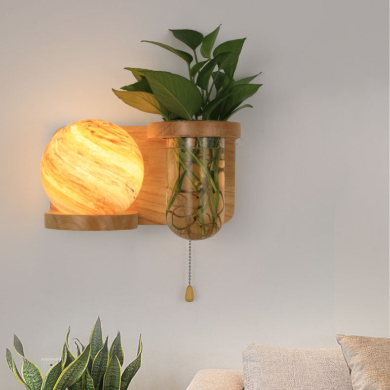 Minimalist Oak Glass Planet 1-Light Wall Sconce Lamp