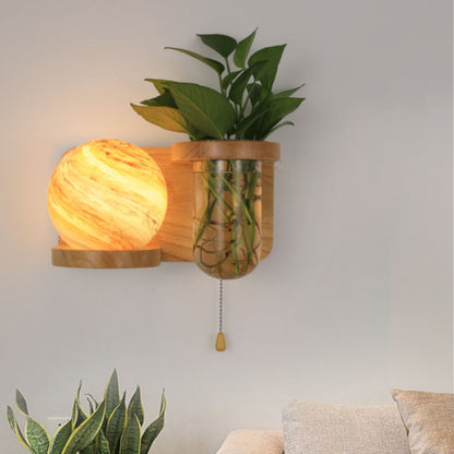 Minimalist Oak Glass Planet 1-Light Wall Sconce Lamp