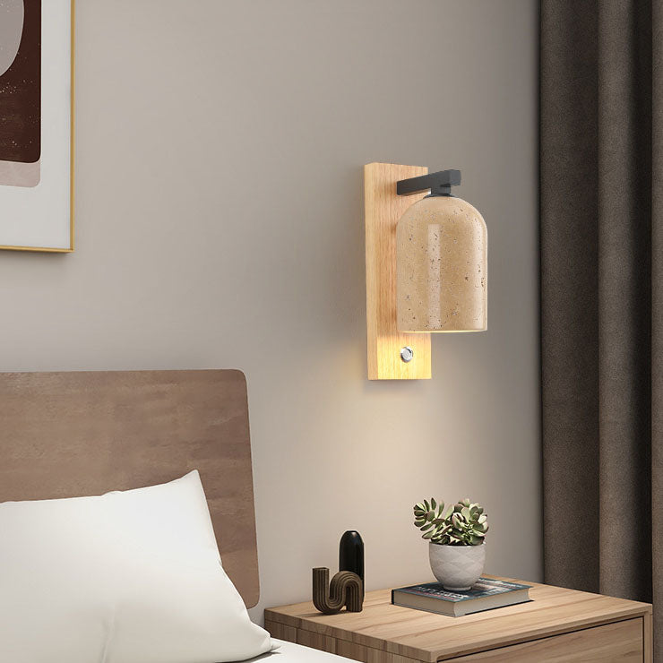 Japanese Vintage Stone Cylinder Wooden Base 1-Light Wall Sconce Lamp