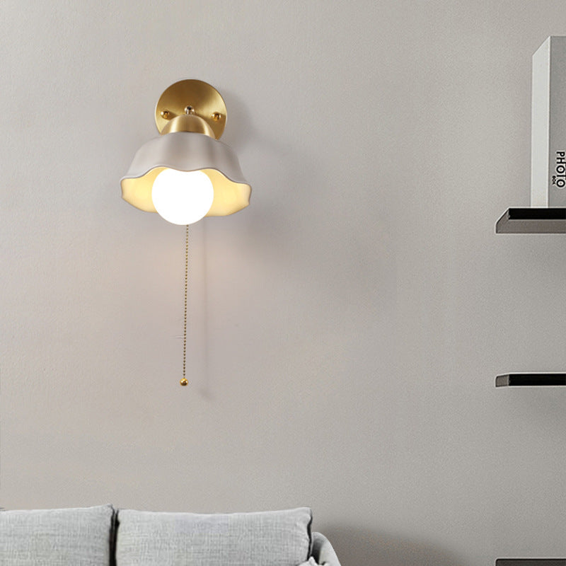 Floral Copper Ceramic Pull Cord 1-Light Wall Sconce Lamp