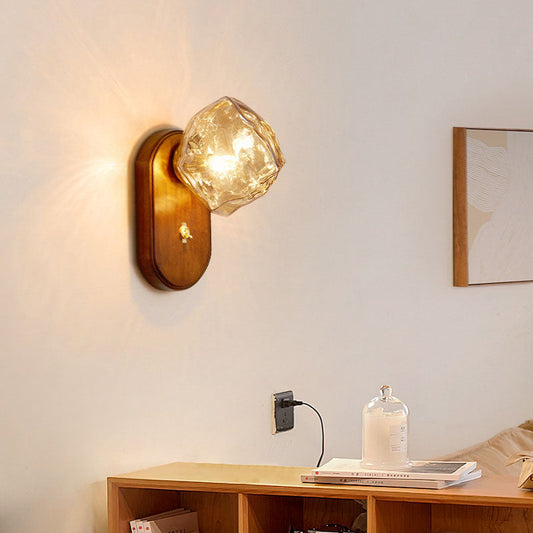 Japanese Shape Solid Wood Glass 1-Light Wall Sconce Lamp
