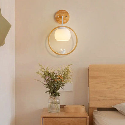 Minimalist Circle Bird Wood Glass 1-Light Wall Sconce Lamp