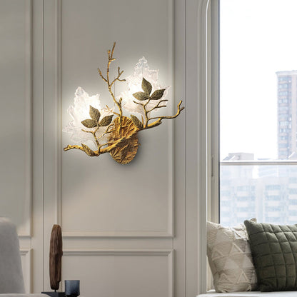 Copper Glass Maple Leaf Branch 2-Light Wall Sconce Lamp