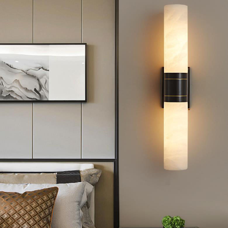 Mid-Century Marble Column Copper 2-Light Wall Sconce Lamp
