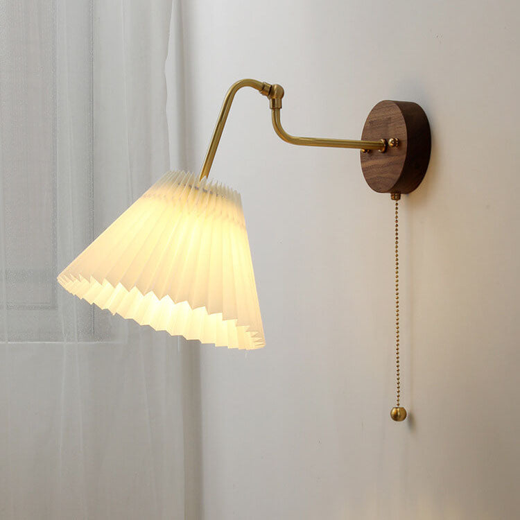 Vintage Walnut Brass Pleated Shade 1-Light Wall Sconce Lamp