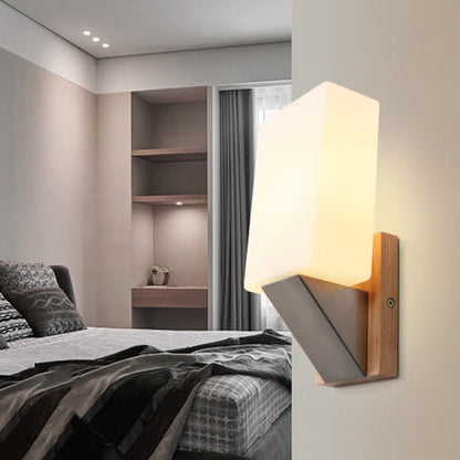 Square Glass Solid Wood Base 1-Light Wall Sconce Lamp