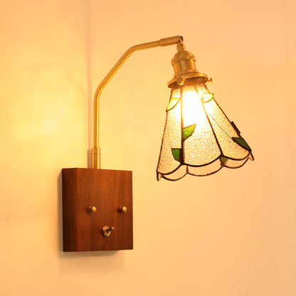 Square Cone All Copper Wood Glass 1-Light Wall Sconce Lamp
