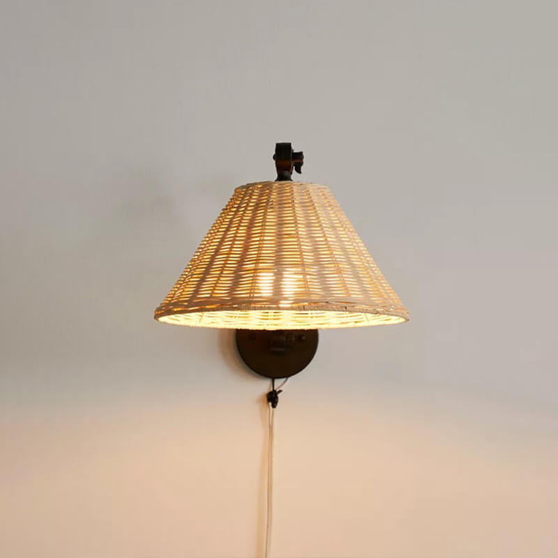 Rattan Cone Shade Iron Swing Arm 1-Light Wall Sconce Lamp