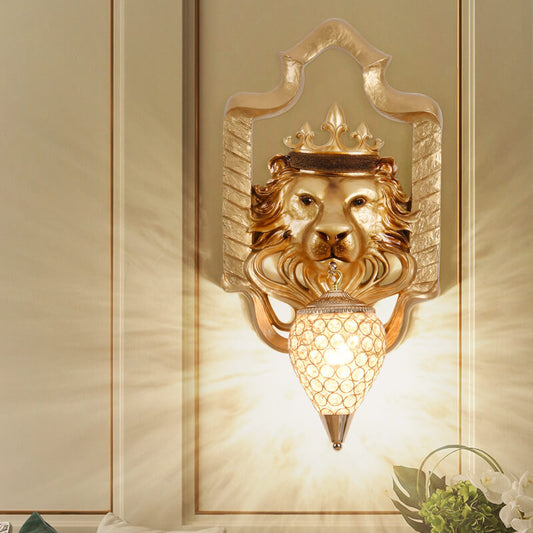 Lion Head Lantern Resin Crystal 1-Light Wall Sconce Lamp