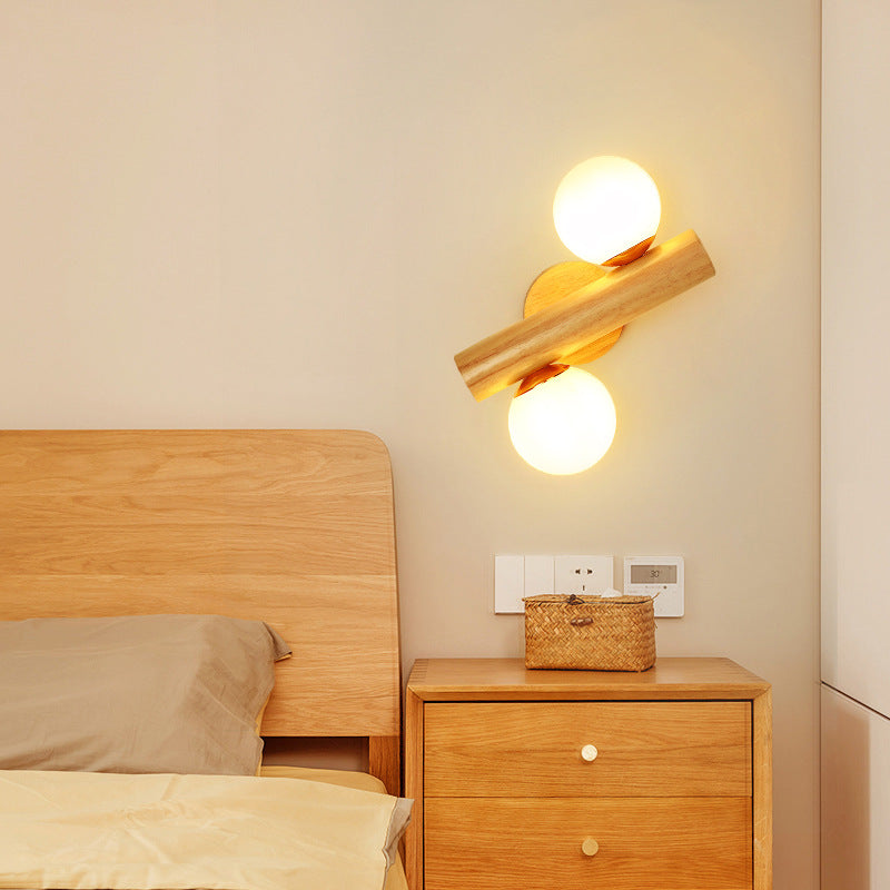 Cylinder Orb Wood Hardware Glass 2-Light Wall Sconce Lamp