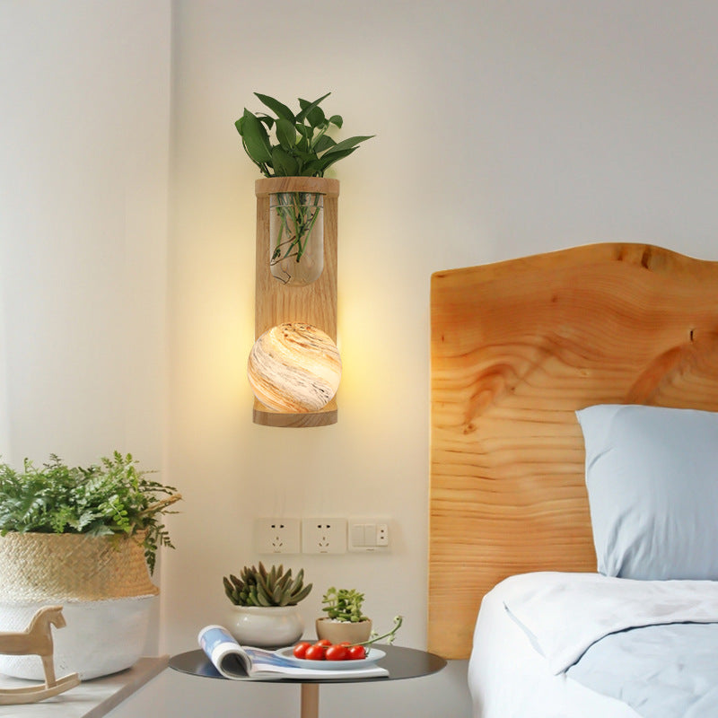 Glass Wood Planet Log Base Plant 1-Light Wall Sconce Lamp