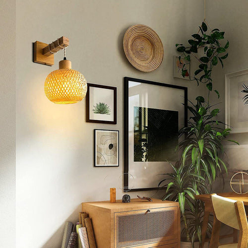 Japanese Round Head Rattan Weaving 1-Light Wall Sconce Lamp