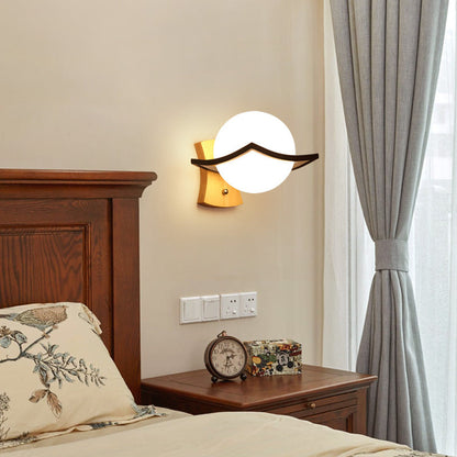 Minimalist Spherical Wood Glass 1-Light Wall Sconce Lamp