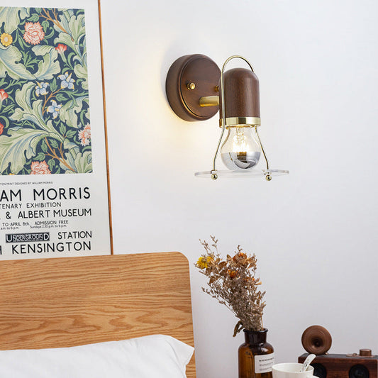 Walnut Acrylic Cylinder Round Disk 1-Light Wall Sconce Lamp