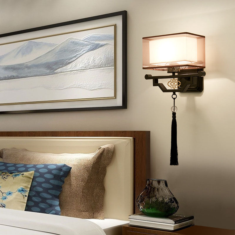 Chinese Tasseled Iron Fabric 1-Light Wall Sconce Lamp