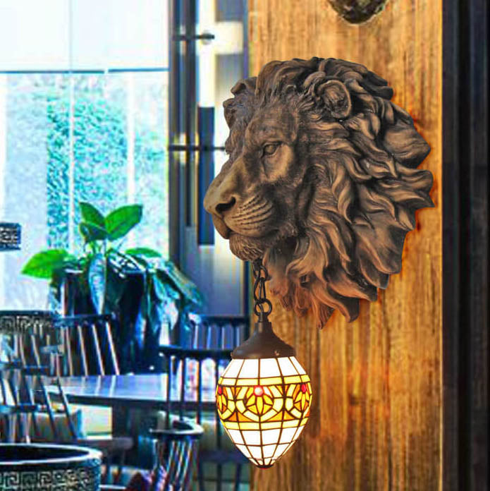 Tiffany Resin Lion's Head 1-Light Wall Sconce Lamp