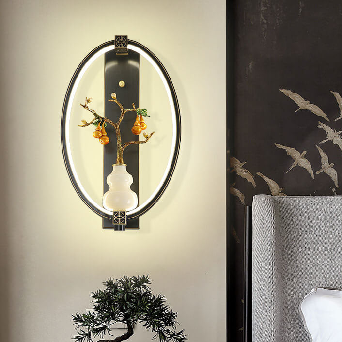 Chinese Jade Copper Square Oval 1- Light Wall Sconce Lamp