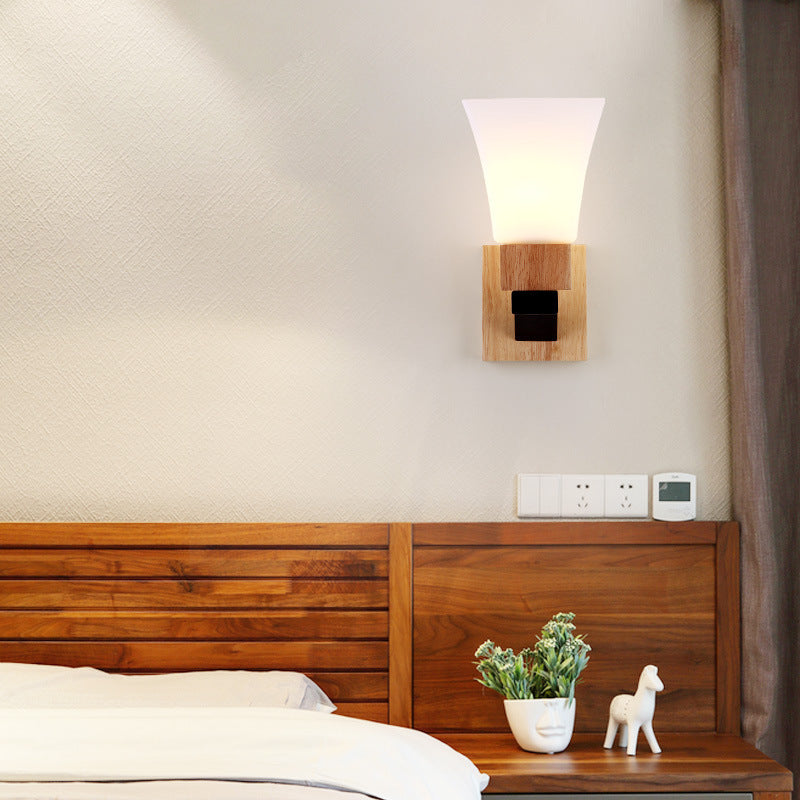 Quadrangular Solid Wood Iron Glass 1-Light Wall Sconce Lamp
