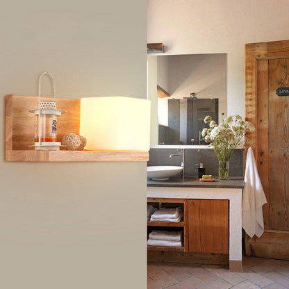 Creative Rubberwood Glass Square 1-Light Wall Sconce Lamp